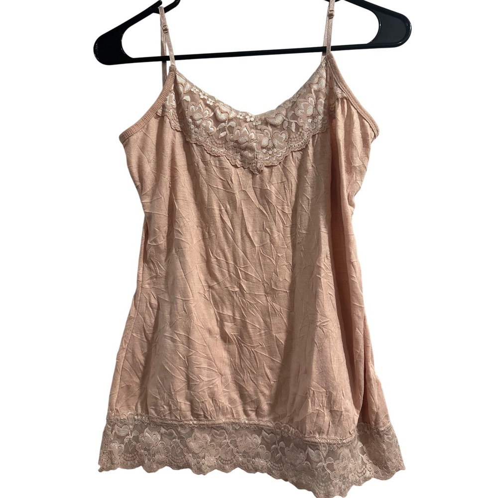 Y2K Pale Pink Lace Trim Crinkle Cami Spaghetti Strap Tank Top Womens Medium